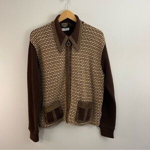 Fashion Leader Vintage Brown Tan Full Zip Leather Lining  Print Sweater Womens L